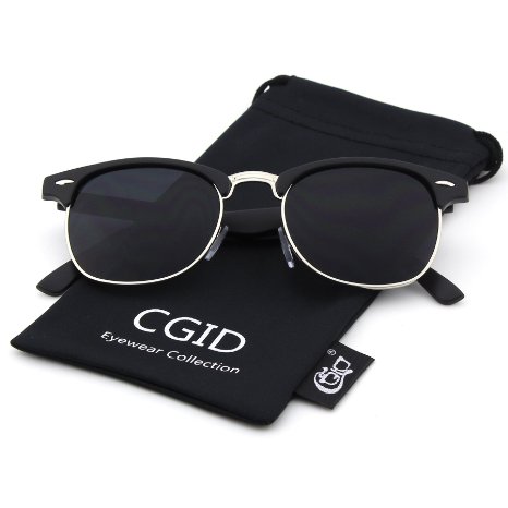 CGID Clubmaster Inspired Half Frame Horn Rimmed Sunglasses,Matte Black-Gray
