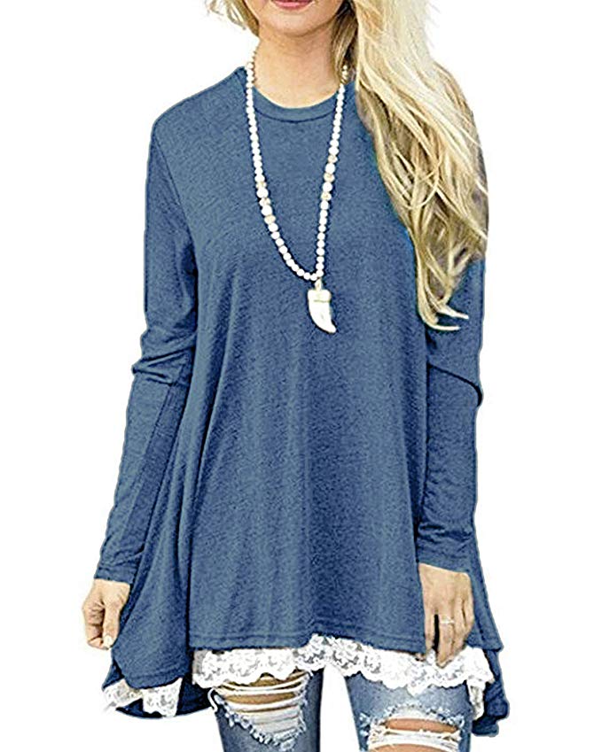 Rdfmy Women's Lace Long Sleeve Tops Casual Round Neck Top Blouses