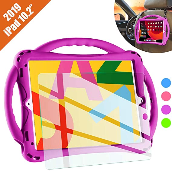 TopEsct iPad 7th Generation Case for Kids,with Tempered Glass Screen Protector and Strap,Premium Silicone Shockproof Apple New ipad 10.2 2019 Case Cover with Kickstand and Pencil Holder. (Purple)