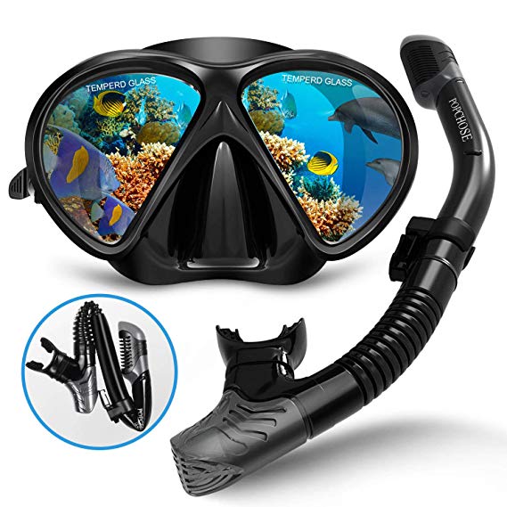 POPCHOSE Snorkel Set, Silicone Snorkeling mask Set for Adults and Youth, Foldable Snorkel Anti-Fog Anti-Leak Adjustable Diving Mask Gear Mesh Bag for Snorkeling, Diving, Swimming