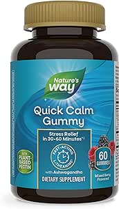 Nature's Way Quick Calm Gummies, L-Theanine for Relaxation*, Fast-Acting, Stress Relief from L-Theanine Within 30-60 Minutes*, with Ashwagandha, Vegetarian, Mixed Berry Flavored,  60 Gummies