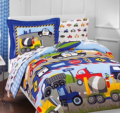Construction Trucks, Police Cars, Tractors, Boys Twin Comforter Set (5 Piece Bedding)