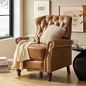 HULALA HOME Genuine Leather Recliner Chair with Solid Wood Legs, Modern Adjustable Tufted Push Back Arm Chair w/Rivet Decoration, Home Theater Seating Single Reclining Sofa for Living Room, Camel