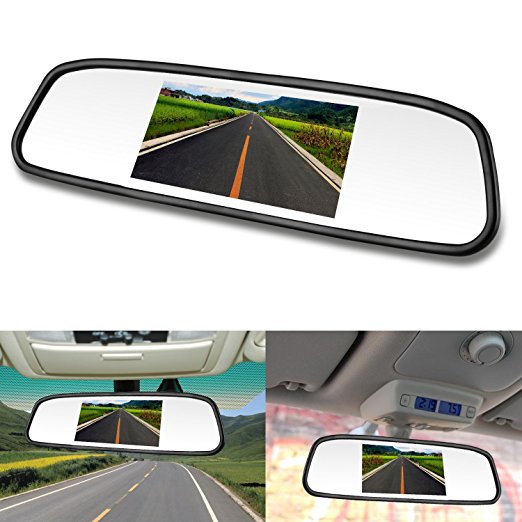 LeeKooLuu 9V-35V 4.3 Display Car Video Monitor Auto Rear View Mirror LCD Screen Universal Mount Clip-On Current Mirror for Backup Camera / Front Camera / Media Player / Safety Driving 2 Ways RCA Input