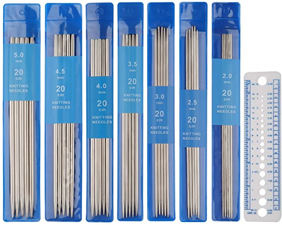 Coopay Short Double Pointed Knitting Needles Kit 20cm, Double Ended Stainless Steel Needles 2.0mm to 5.0mm, DPNS Knitting Pins Set for Beginner & Kids, Sock Knitting Needles 35 Pack & Knitting Gauge