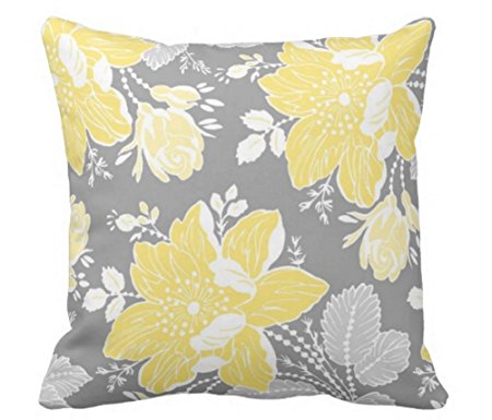 Cukudy® Decorative Pillow Cover Cotton Canvas Pillowcases Yellow Gray White Floral 18" x 18"