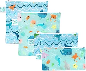 Bumkins Reusable Sandwich and Snack Bags, for Kids Lunch Bags and for Adults, Beach Essentials, Washable Fabric, Cloth Zip Bag, Dishwasher-Safe, Food-Safe, Safety Tested (4-Pack)