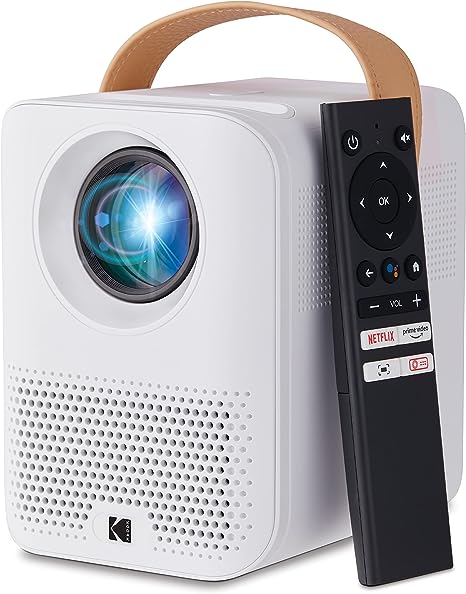 KODAK FLIK HD9 Smart Projector | Mini White Portable Indoor & Outdoor Movie with Android TV Streaming Apps, Wi-Fi and Bluetooth, Built-In Speakers & Voice Remote | FHD 1080p for Screens Up to 120”