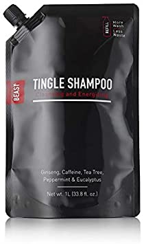 Beast Tingle Shampoo Refill - Cleansing & Energizing, Ginseng Caffeine Tea Tree Peppermint Eucalyptus Oils - 1-liter 33.8 fl oz size