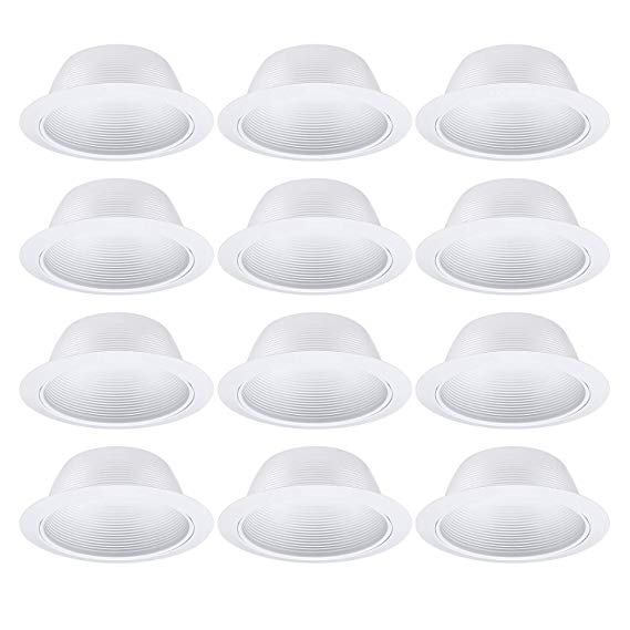 12 Pack 6 Inch Recessed Can Light Trim with White Metal Step Baffle, for 6 inch Recessed Can, Detachable Iron Ring Included, Fit Halo/Juno Remodel Recessed Housing, Line Voltage Available
