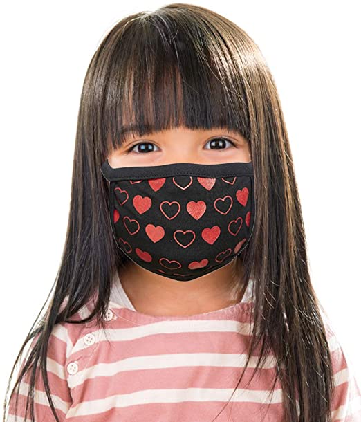 Kids Face Mask Reusable Washable Comfortable - MADE IN USA - Polyester, Spandex, Cotton Stretchy Material Fits Age 2-9 -"Hearts"
