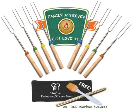 Silva Marshmallow Roasting Sticks Set 8 Telescoping  20 FREE Bamboo Skewers  FREE Silicone Basting Brush  FREE Canvas Pouch- BBQ Campfire Extendable Smores Sticks Set  Extras-Hot DogsBBQ and More