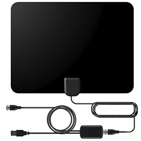 HDTV Antenna, Shnvir Indoor Amplified TV Antenna 50 Mile Range with Detachable Amplifier Signal Booster, USB Slim High Performance Sticker Multi-direction Window Wall Coaxial - Cool black