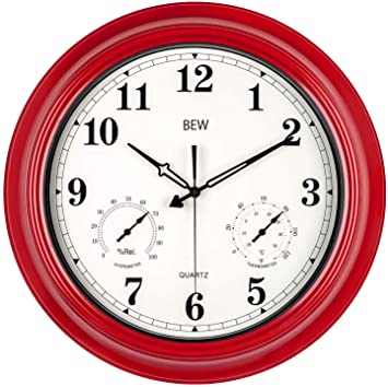 BEW Large Garden Outdoor Clock, 45cm Waterproof Clock with Temperature and Humidity Combo, Silent Battery Operated Metal Clock for Pool, Garden, Fence, Yard, Patio, Garage (Empire Red)