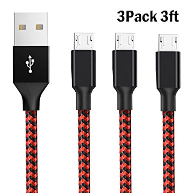ONSON Micro USB Cable,3Pack 3FT Nylon Braided High Speed Android Charger USB to Micro USB Cable Samsung Fast Charger Charging Cord for Samsung Galaxy S7 Edge/S6/S5/S4/Note 5/Note 4/Note 3(Black Red)