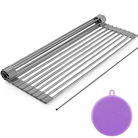 Dish Drying Rack, [ZealBea Focus] Roll Up Dish Drainer Rack for Kitchen Sink [18 Stainless Steel Pipes] [FDA Grade Soft Silicon] [BPA Free] Over the Sink Dishes Drying Rack (Gray, 20.9" x 12.6")