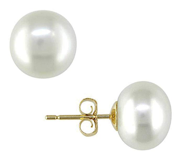 14k Yellow Gold Stud Earrings with Classic Freshwater Cultured Button Pearls, Pearls from 5-12.5 mm, Gift Box Included with Earrings