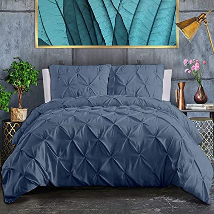 Pinch Pleated Duvet Cover Set 3 Piece 100% Egyptian Cotton 800 Thread Count Box Pintuck with Zipper Closure & Corner Ties Duvet Cover, King/California King (94" x 104") Medium Blue Solid