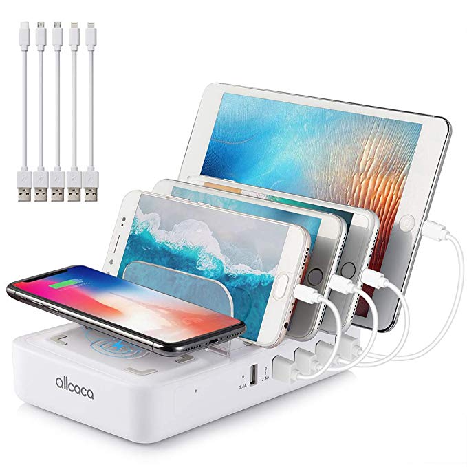 ALLCACA Wireless Charging Station Dock, 6-in-1 Desktop Charger Organizer with 5 USB Ports and 1 Qi Fast Wireless Charging Pad for iPhone, ipad, Samsung, Android Phone Tablet