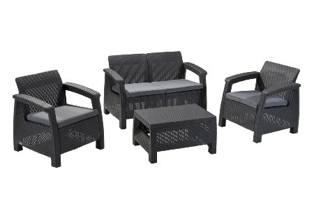 Keter Corfu 4 Piece Set All Weather Outdoor Patio Garden Furniture w/ Cushions, Charcoal