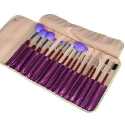 Purple 16pcs Professional Cosmetic Makeup Make up Brush Brushes Set Kit with Purple Fold Leather Case Bag