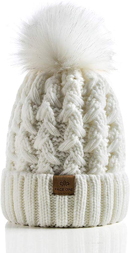 PAGE ONE Womens Winter Ribbed Beanie Crossed Cap Chunky Cable Knit Pompom Soft Warm Hat