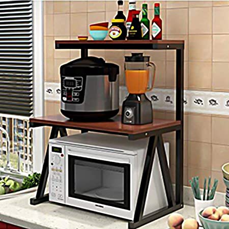 Everline 33500 A Series (3-Layer) Microwave Stand, Microwave Oven Rack, Kitchen Storage Shelf, Toaster Grill Organizer Wood And Metal (Walnut Brown With Black Frame)