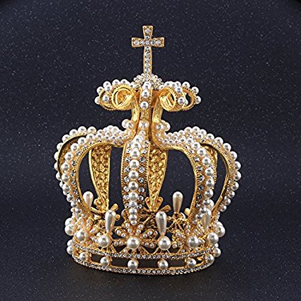 FUMUD Height 5.8'' Big Crown Crystal With Pearl Tiara Wedding Crown Bride Womens Head Band Vintage Baroque Royal HairBand Accessories (Gold)