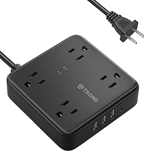 TROND 2 Prong Power Strip, 5ft Extension Cord with 4 Widely Spaced AC Outlets, 4 USB Chargers (1 USB-C), 2 Prong to 3 Prong Adapter Wall Mount 1440J Surge Protector for Non-Grounded Plug, Black