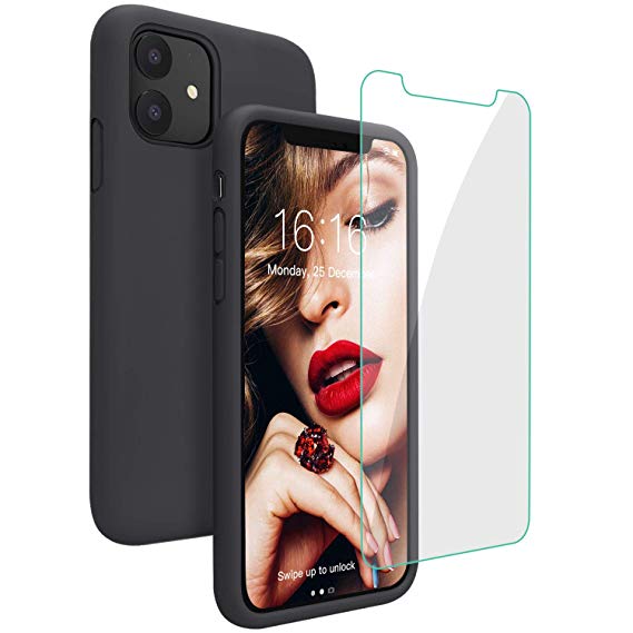 JASBON Compatible with iPhone 11 Case,Silicone Shockproof Phone Case with [Tempered Screen Protector] Gel Rubber Drop Protection 6.1 inch Cover for iPhone 11 2019-Black