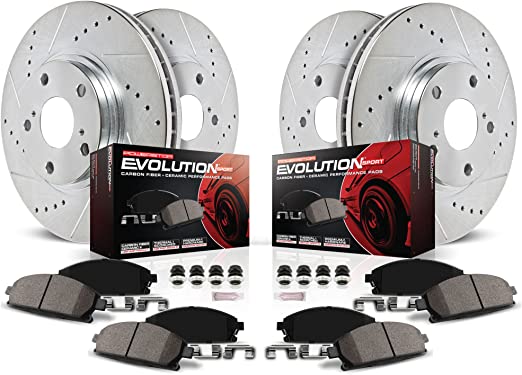 Power Stop K1079 Front & Rear Brake Kit with Drilled/Slotted Brake Rotors and Z23 Evolution Ceramic Brake Pads,Silver Zinc Plated