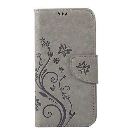 ARSUE [Natural Luxury Gray] Butterfly Flower Stand Wallet Purse Credit Card ID Holders Magnetic Flip Folio TPU Soft Bumper PU Leather Ultra Slim Fit Cover for iPhone 6 Plus/iPhone 6s Plus
