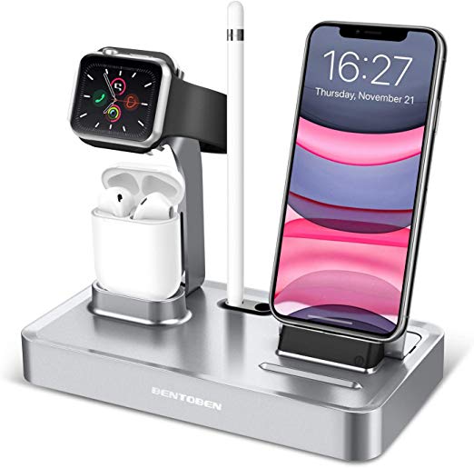 BENTOBEN 3 in 1 Charging Stand, Charging Dock Station Nightstand for Airpods 1/2 Apple Watch Series 5/4/3/2/1 and iPhone 11 Pro Max XR XS Max X 8 7 6 Plus SE Samsung with Pencil Holder, Space Gray