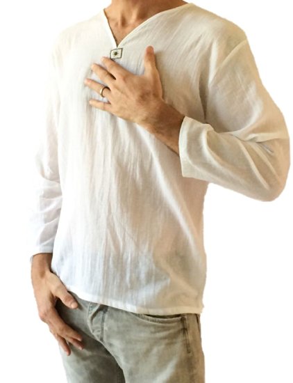 Men's White T-shirt 100% Cotton Thai Hippie Shirt V-neck Beach Yoga Top