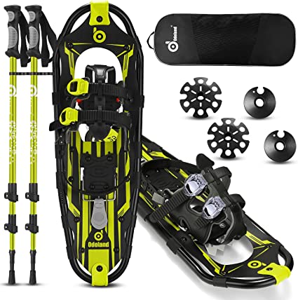 Odoland 3-in-1 Snowshoes Set for Men Women Youth Kids with Trekking Poles, Carrying Tote Bag, Light Weight Aluminum Alloy Terrain Snow Shoes,21”/25”/30”