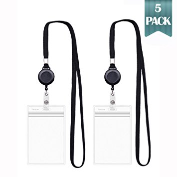 CarryLuxe Lanyard with ID Holder Sets (Black,5 Pack)- Flat Polyester ID Lanyard with Retractable Badge Reel & Vinyl Name Badge Holder