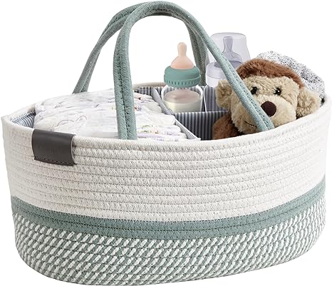 DECOMOMO Diaper Caddy, Baby Diaper Caddy Basket, Diaper Organizer for Changing Table Girl Boy Gift (Spiral Green & White, Large)