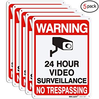 Video Surveillance Sign, MOLAER 5-Pack No Trespassing Signs, 10" x 7" UV Printed Waterproof Reflective 40 Aluminum Material, for Outdoor Security Camera Warning