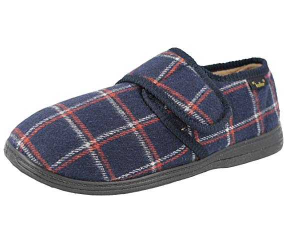 Mens Dr Keller Luxury Tartan Check Warm Fur Fleece Lined Adjustable Strap Wider Fit Memory Foam Slippers Size 6-12