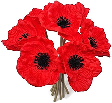 FRP Flowers - Anemone Poppy - 7 PCS Bouquet Real Touch Artificial Flowers for Floral Arrangements and Home Decor (10 Inches) (Red)