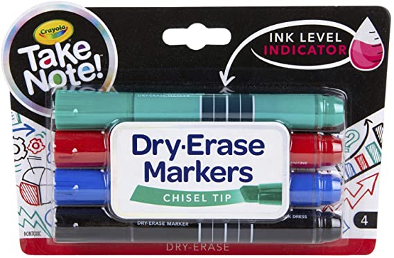 Crayola Take Note Chisel Tip Dry Erase Markers, Kids at Home Activities, Broad Line, Multicolor, 4 Count