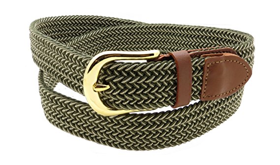 Olive & Beige Braided Elastic Stretch Leather Tipped Belt Gold Buckle