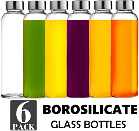 Brieftons Borosilicate Glass Water Bottles: 6 Pack, 18 Oz, Stainless Steel Leakproof Lid, Durable, Crack Resistant, Best As Reusable Drinking Bottle, Sauce Jar, Juice Beverage Container, Kefir Kit