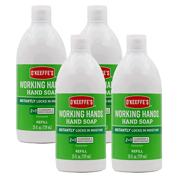 O'Keeffe's Working Hands Moisturizing Hand Soap, 25 Ounce Bottle Refill, Unscented (Pack of 4)