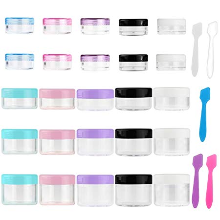 Accmor 25 Pieces Empty Clear Plastic Sample Containers with Lids 3/5/10/15/20 Gram Size Cosmetic Pot Jars with 5 Pieces Mini Spatula Gift