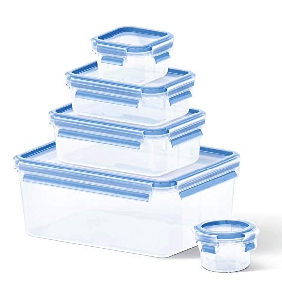 Tefal Master Seal Fresh Food Storage, Clear/Blue, 0.15/0.25/0.55/1/3.7 Litre, 5-Piece Set