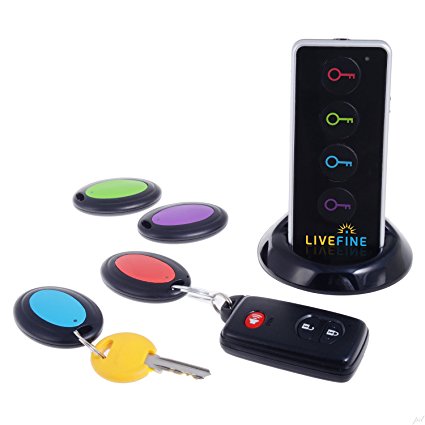 LiveFine Wireless RF Item Locator/Key Finder with LED Flashlight & Support Base – Includes 4 Color-Coded Receivers