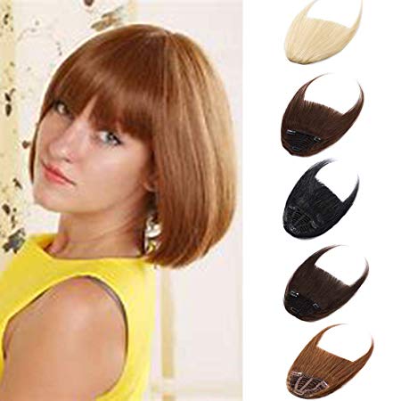 Clip in on Bangs Fringe 100% Remy Human Hair Extensions Hairpiece Full Front Neat Fringe Hand Tied Thick Straight Bangs with Temples for Women 25g(0.88 oz) Light Brown