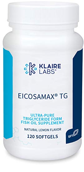 Klaire Labs Eicosamax TG Fish Oil - Purity Tested Omega 3 Triglyceride, Sustainably Harvested, Ultra Pure 360 Milligrams EPA / 240 Milligrams DHA with Lemon Flavor for No Fishy Burps (120 Softgels)