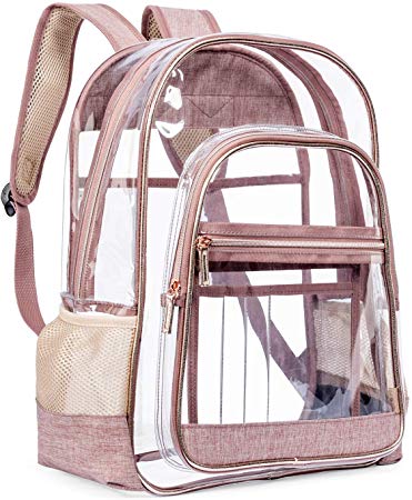 LOKASS Clear Backpack Transparent Multi-Pockets Backpacks/Outdoor Backpack Fit 15.6 inch Laptop Safety Travel Rucksack with Rose Gold Trim-Adjustable Straps(Rose Gold)